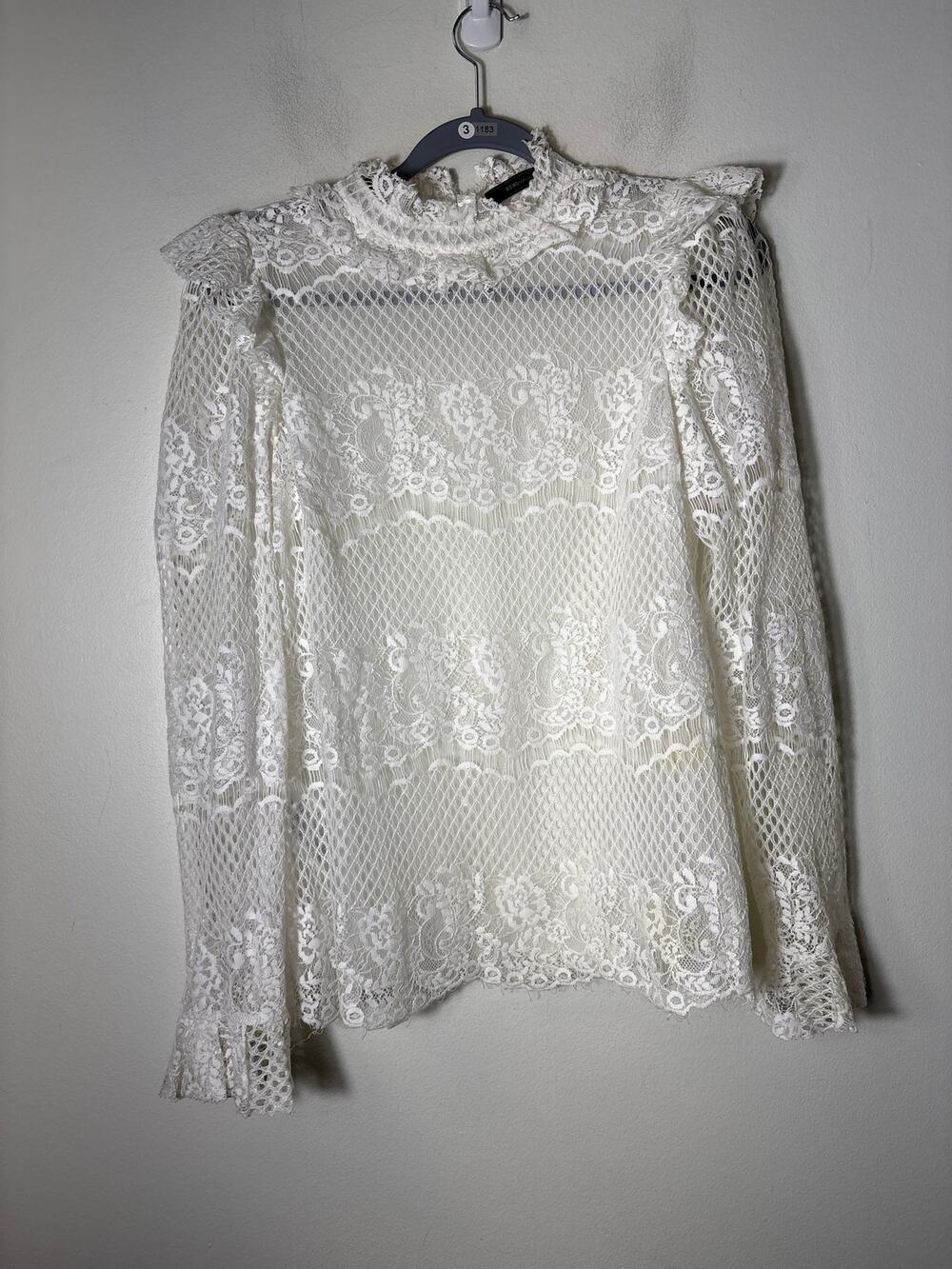 BCBG Crisp White Long Sleeve High Collar Lace Shirt Sz S